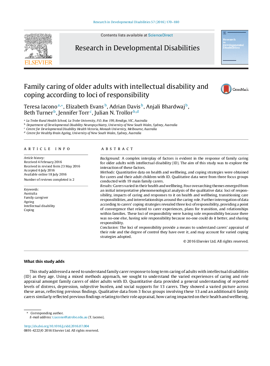 Family caring of older adults with intellectual disability and coping according to loci of responsibility