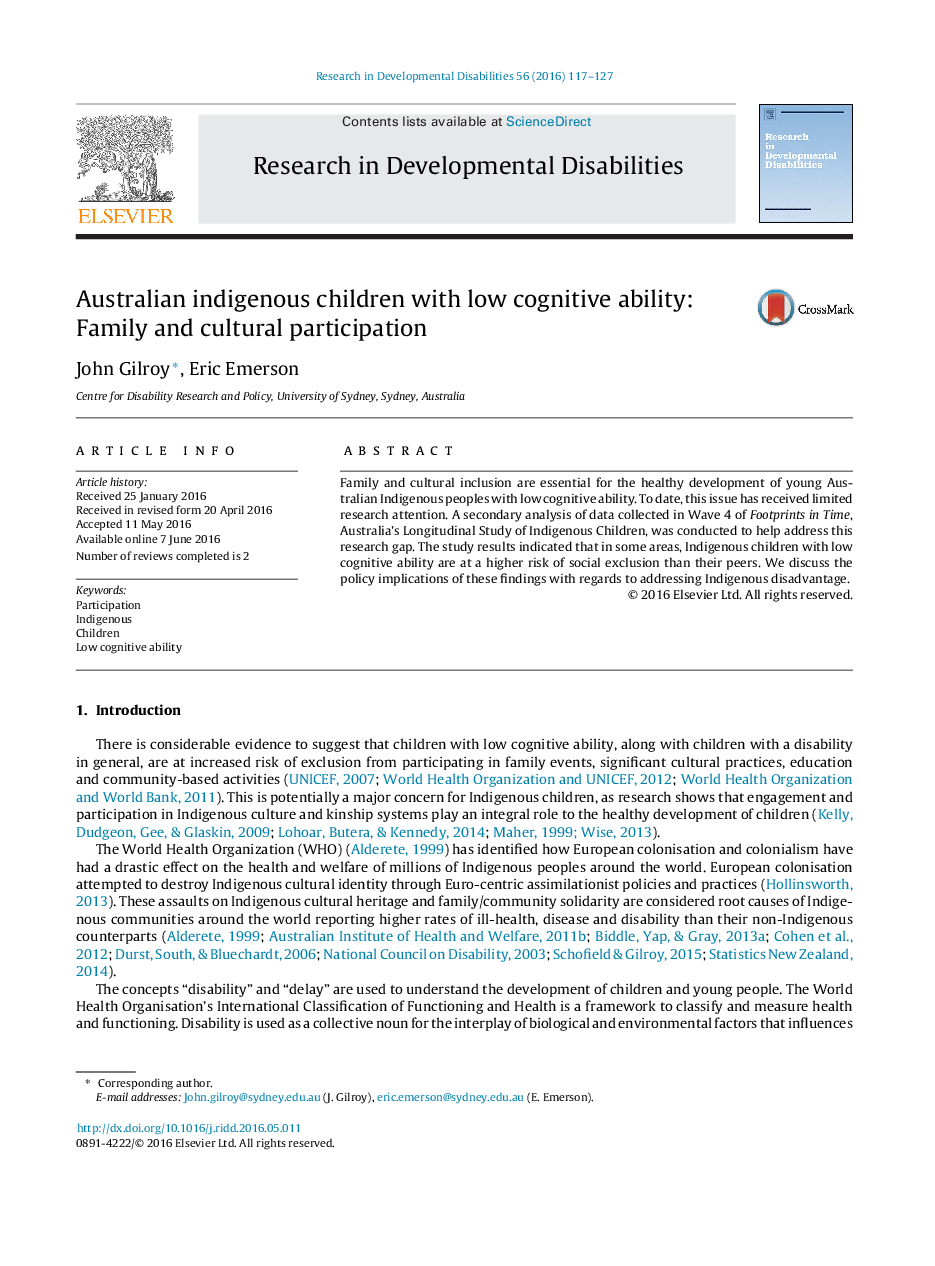 Australian indigenous children with low cognitive ability: Family and cultural participation