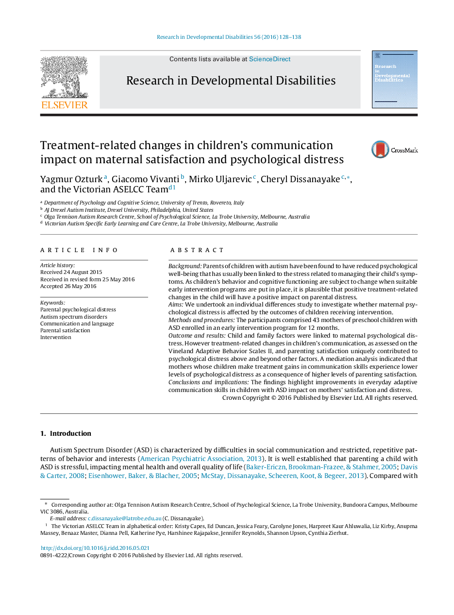 Treatment-related changes in children’s communication impact on maternal satisfaction and psychological distress