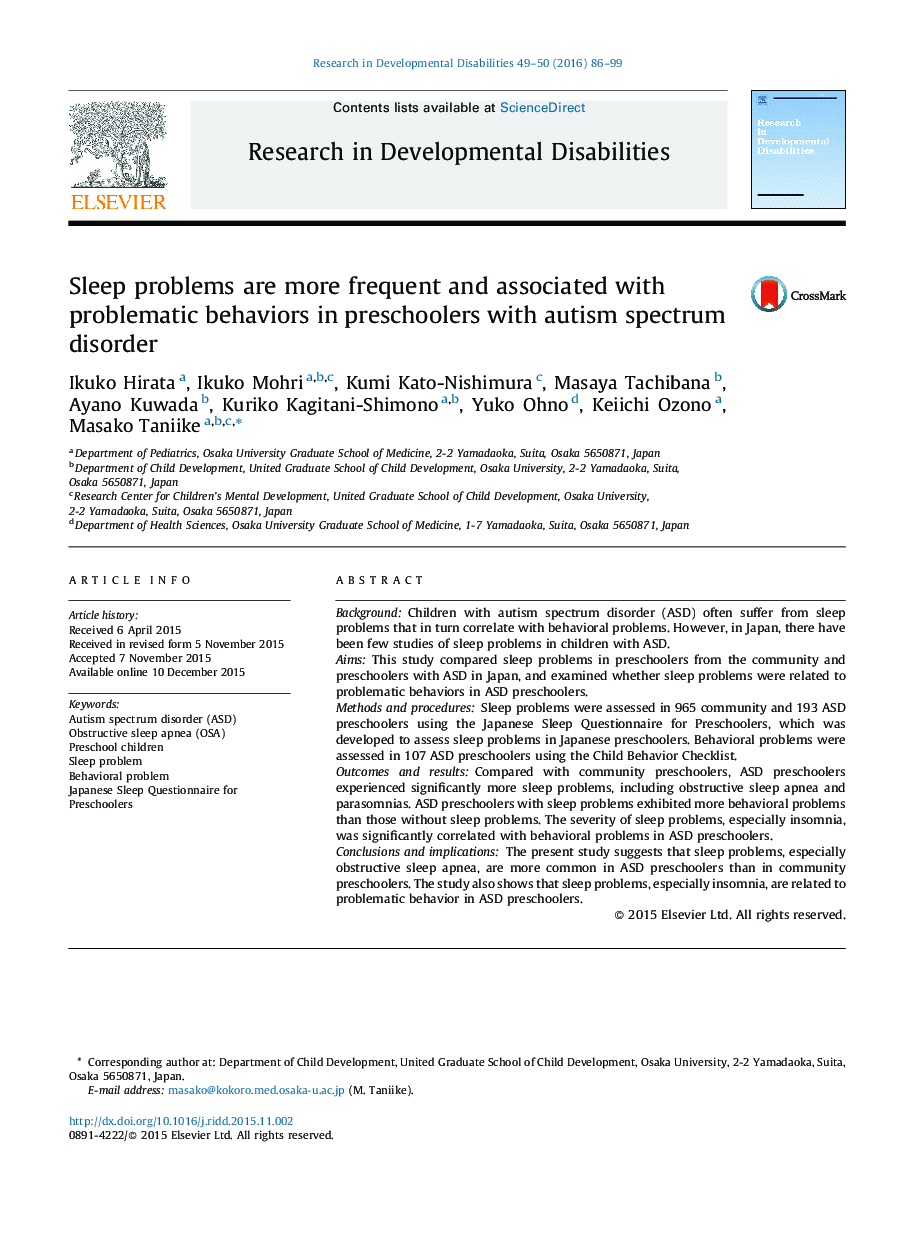 Sleep problems are more frequent and associated with problematic behaviors in preschoolers with autism spectrum disorder