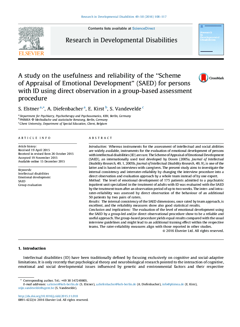 A study on the usefulness and reliability of the “Scheme of Appraisal of Emotional Development” (SAED) for persons with ID using direct observation in a group-based assessment procedure