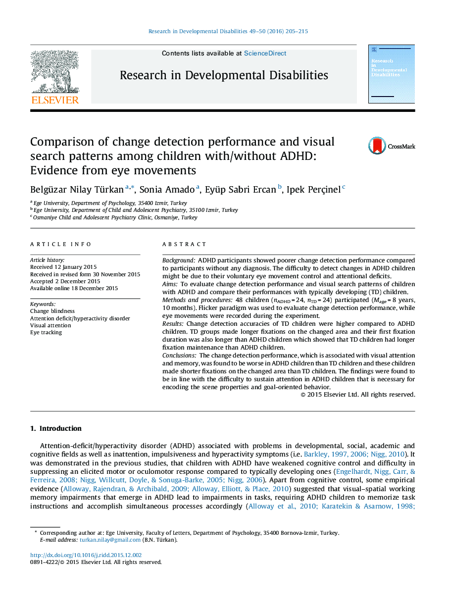 مقایسه عملکرد تشخیص تغییر و الگوهای جستجوی بصری در کودکان با / بدون ADHD: شواهدی از حرکات چشم