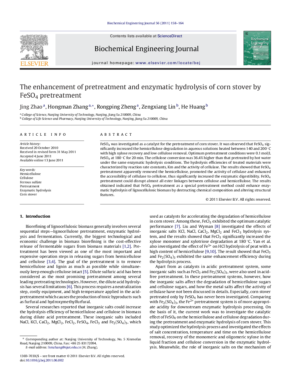 The enhancement of pretreatment and enzymatic hydrolysis of corn stover by FeSO4 pretreatment