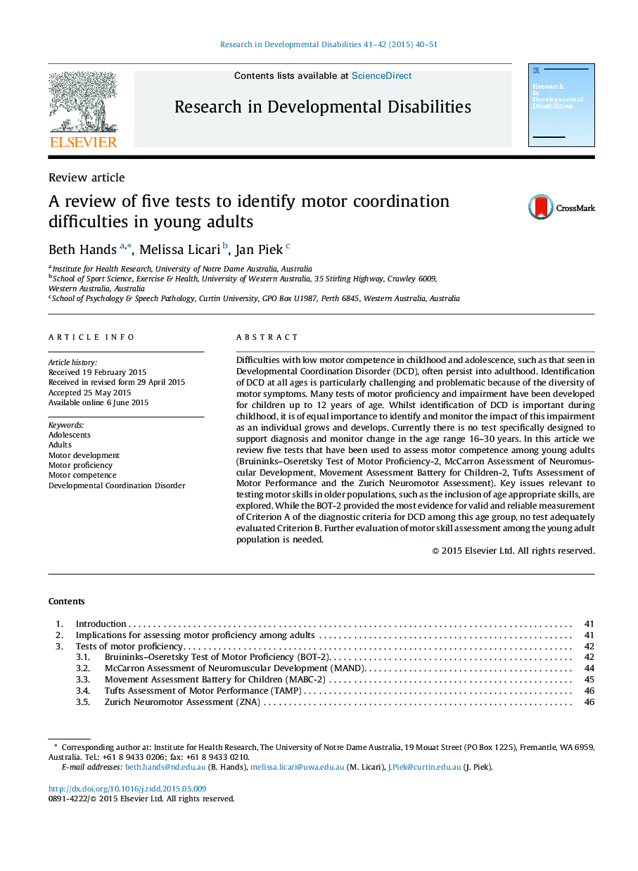 A review of five tests to identify motor coordination difficulties in young adults