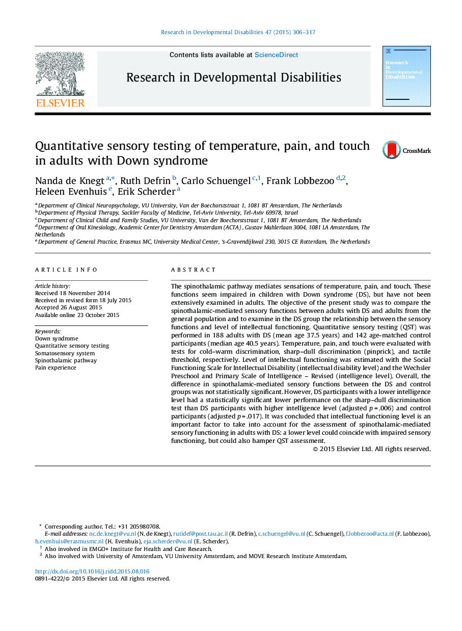 Quantitative sensory testing of temperature, pain, and touch in adults with Down syndrome