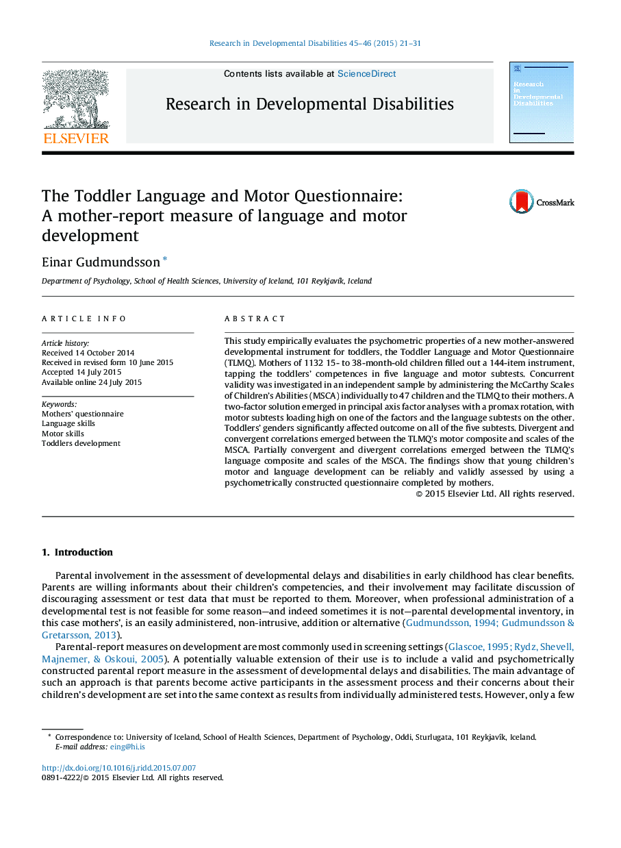 The Toddler Language and Motor Questionnaire: A mother-report measure of language and motor development