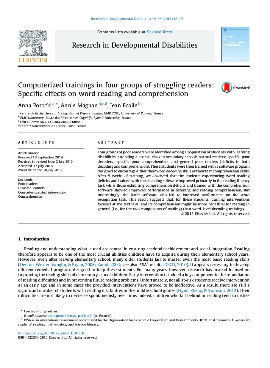 Computerized trainings in four groups of struggling readers: Specific effects on word reading and comprehension