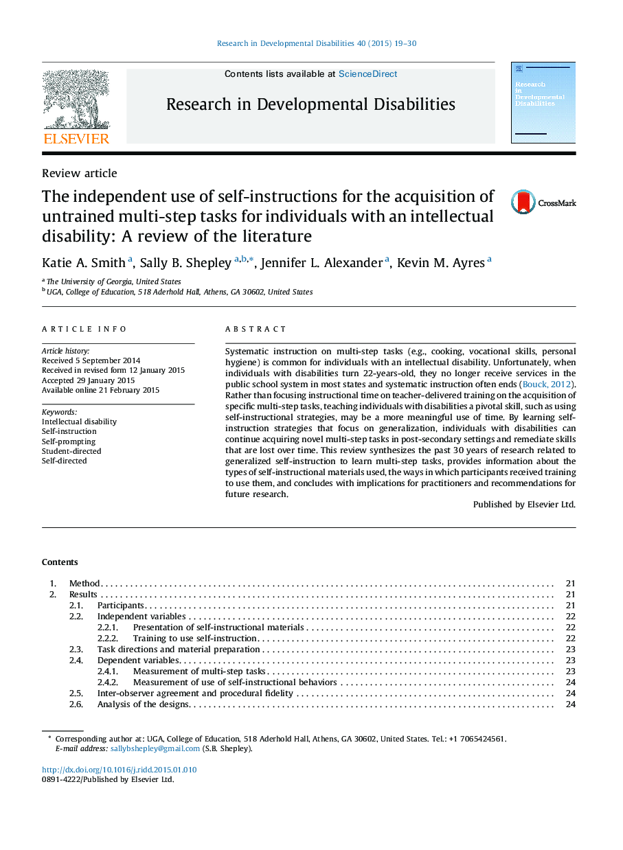 The independent use of self-instructions for the acquisition of untrained multi-step tasks for individuals with an intellectual disability: A review of the literature