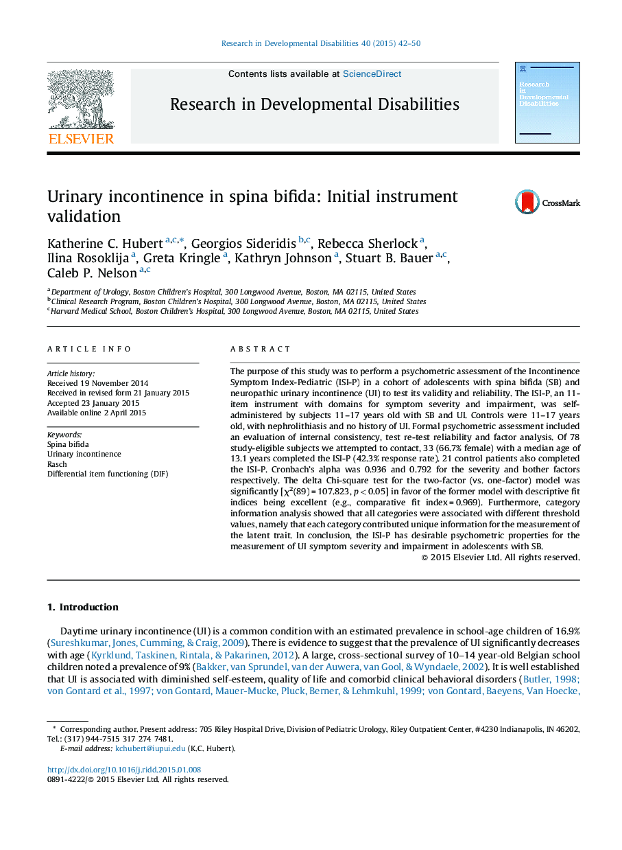Urinary incontinence in spina bifida: Initial instrument validation