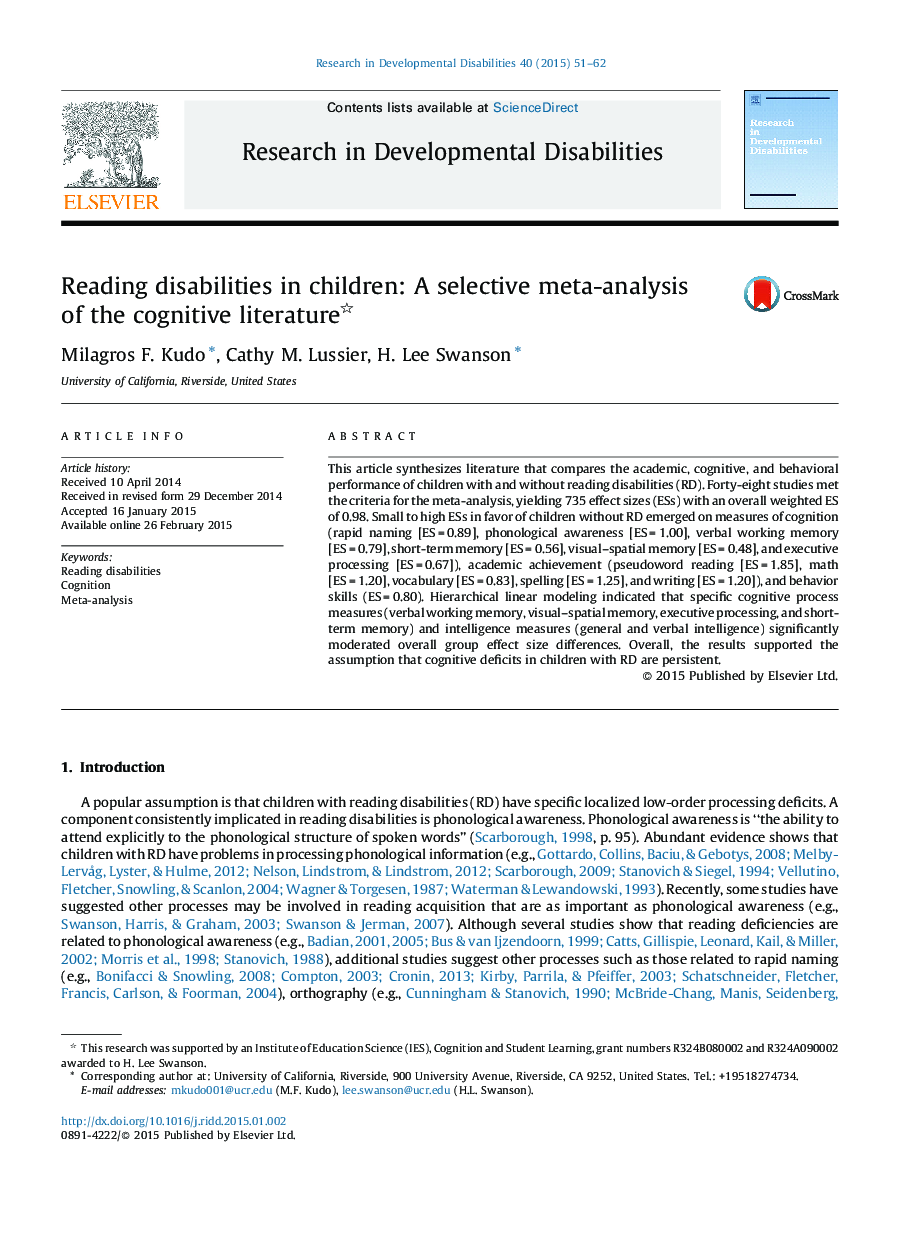 Reading disabilities in children: A selective meta-analysis of the cognitive literature 