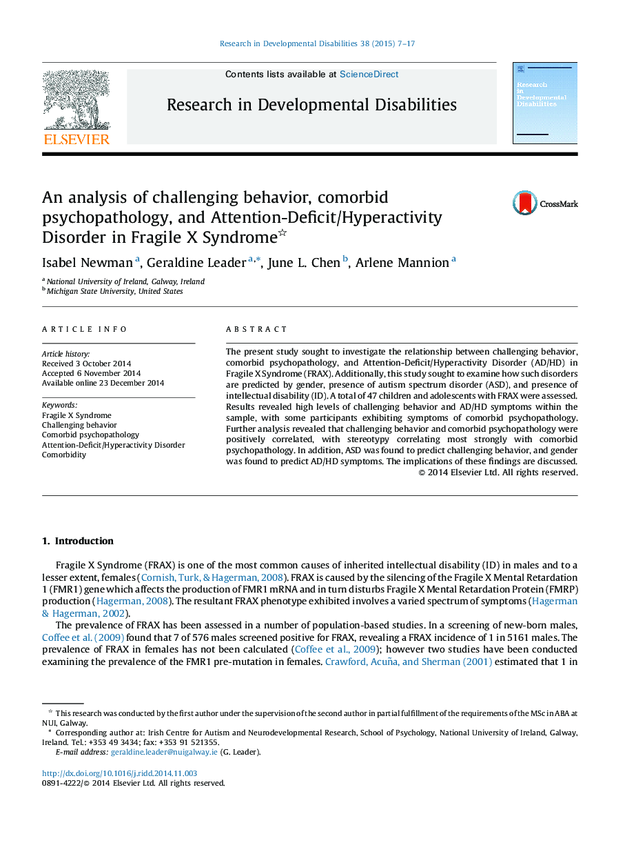 An analysis of challenging behavior, comorbid psychopathology, and Attention-Deficit/Hyperactivity Disorder in Fragile X Syndrome 