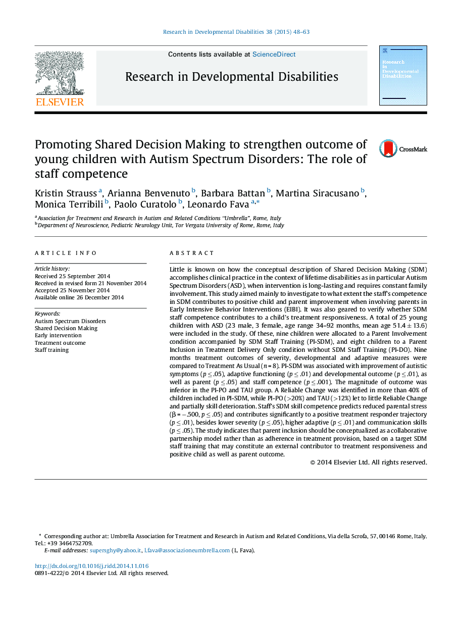 Promoting Shared Decision Making to strengthen outcome of young children with Autism Spectrum Disorders: The role of staff competence