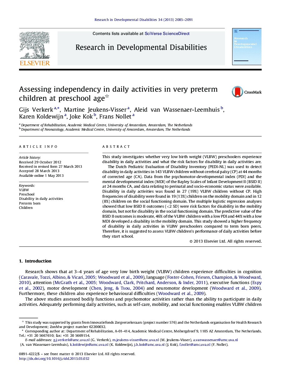 Assessing independency in daily activities in very preterm children at preschool age 