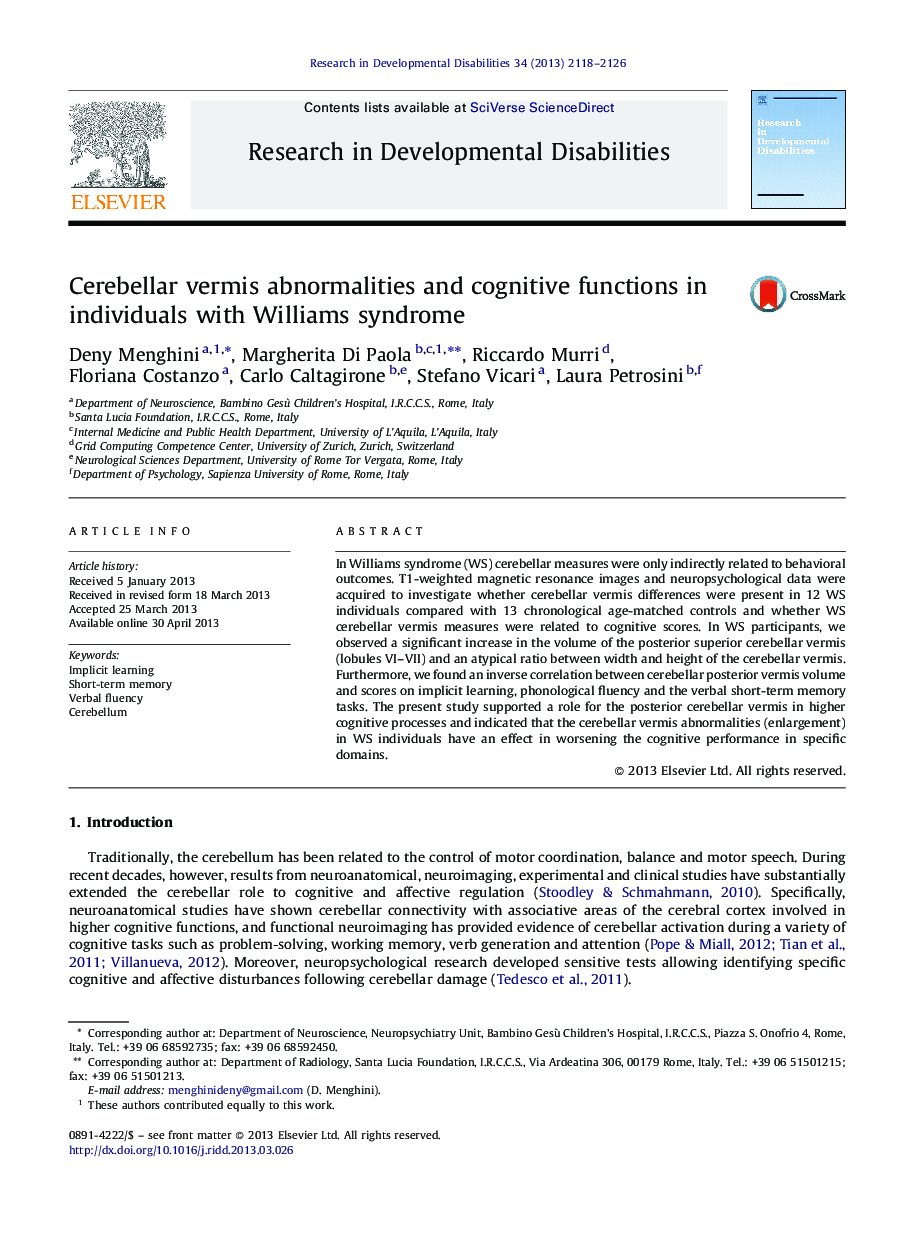 Cerebellar vermis abnormalities and cognitive functions in individuals with Williams syndrome