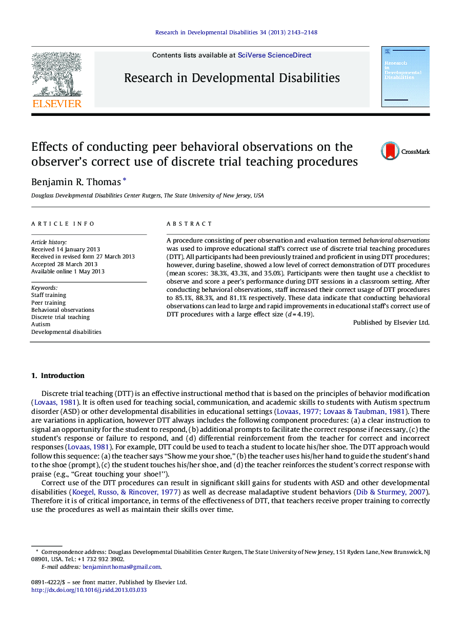 Effects of conducting peer behavioral observations on the observer's correct use of discrete trial teaching procedures