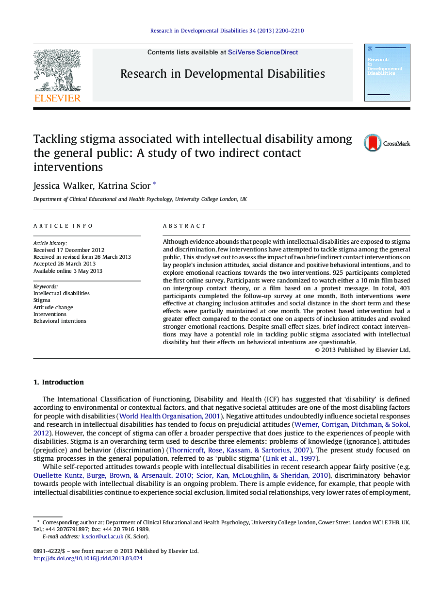 Tackling stigma associated with intellectual disability among the general public: A study of two indirect contact interventions