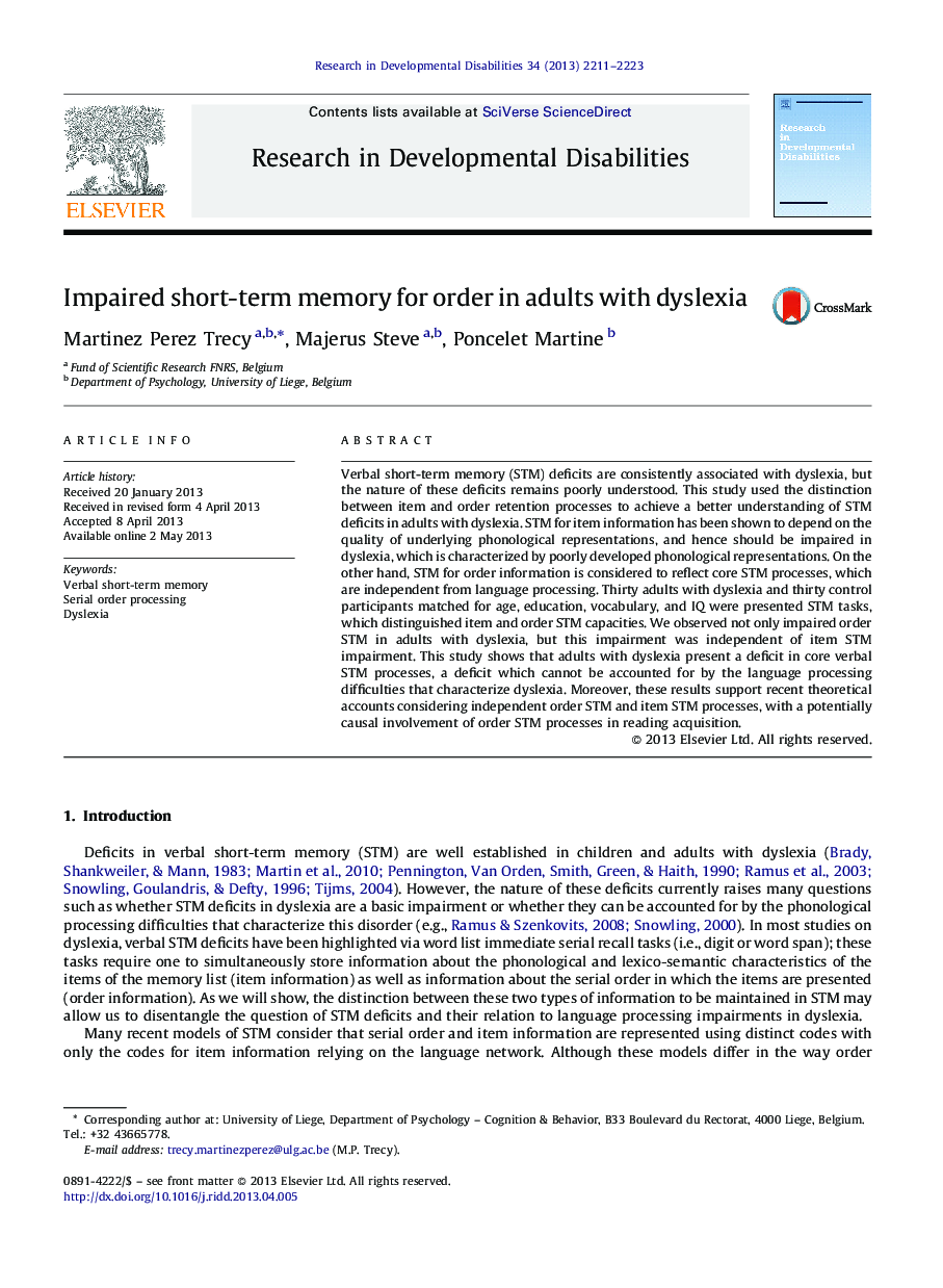 Impaired short-term memory for order in adults with dyslexia