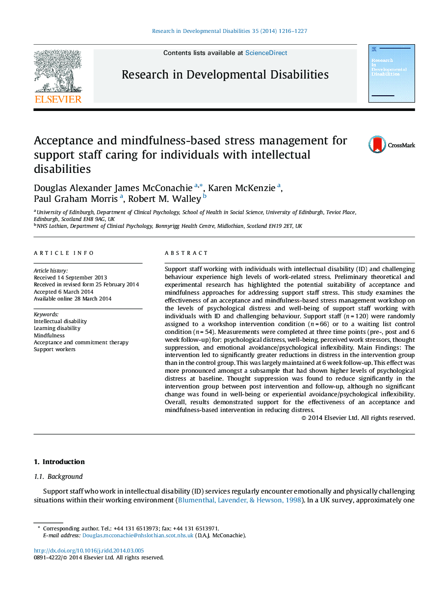 Acceptance and mindfulness-based stress management for support staff caring for individuals with intellectual disabilities