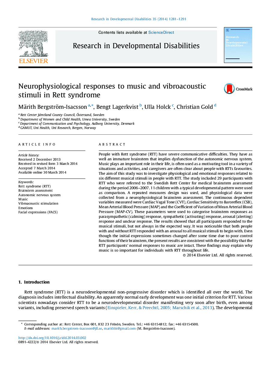 Neurophysiological responses to music and vibroacoustic stimuli in Rett syndrome