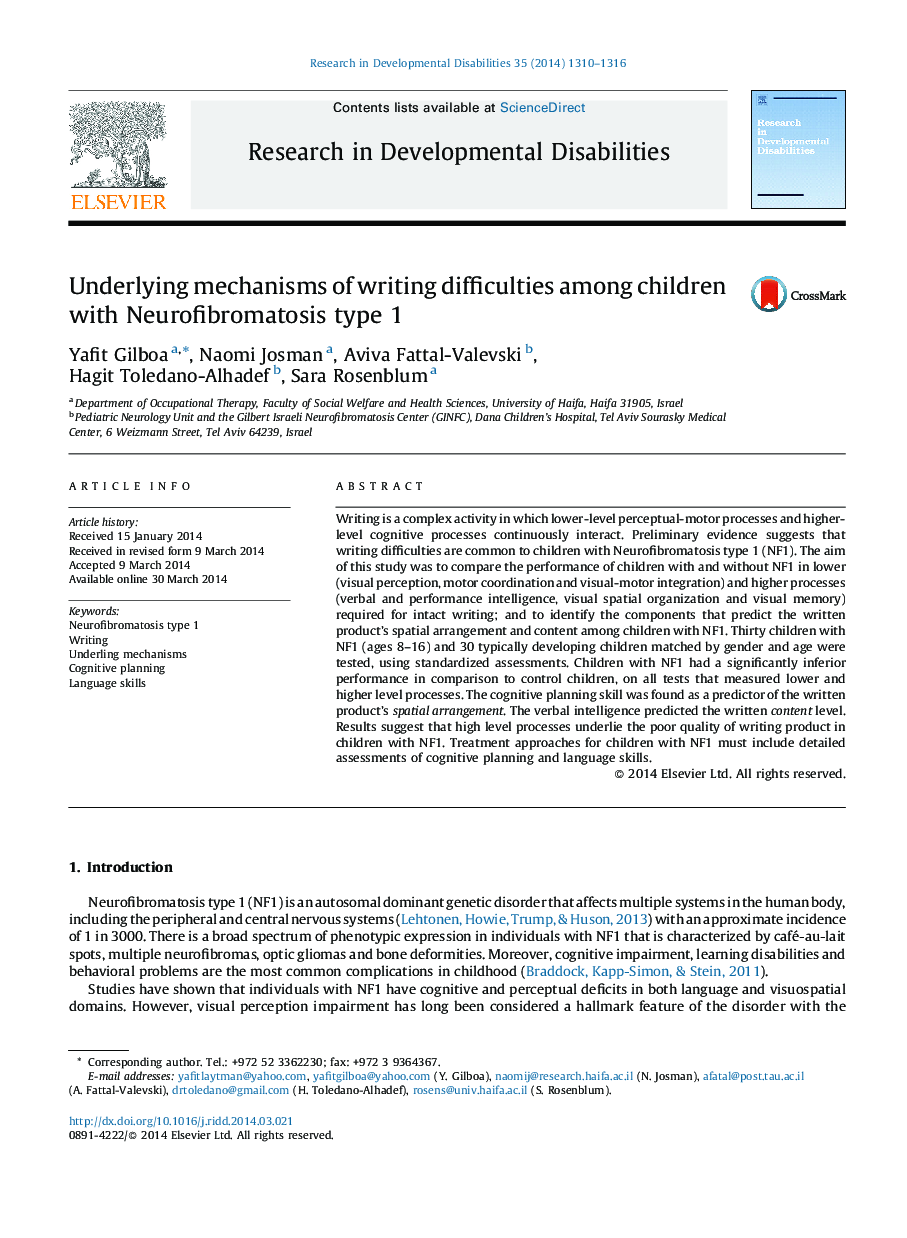 Underlying mechanisms of writing difficulties among children with Neurofibromatosis type 1