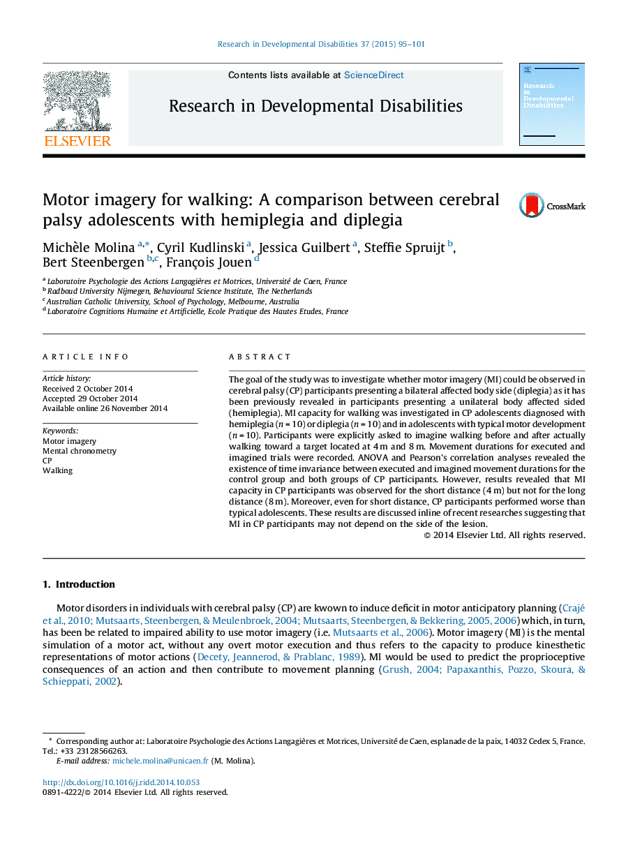 Motor imagery for walking: A comparison between cerebral palsy adolescents with hemiplegia and diplegia