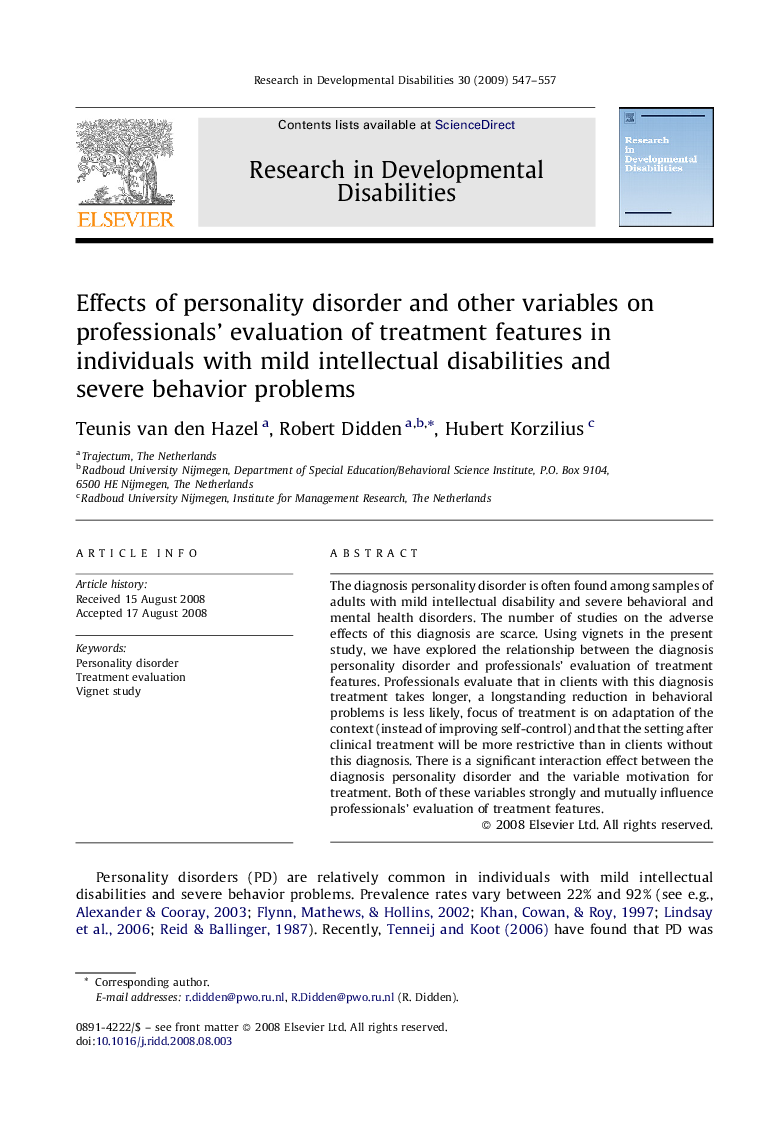 Effects of personality disorder and other variables on professionals’ evaluation of treatment features in individuals with mild intellectual disabilities and severe behavior problems