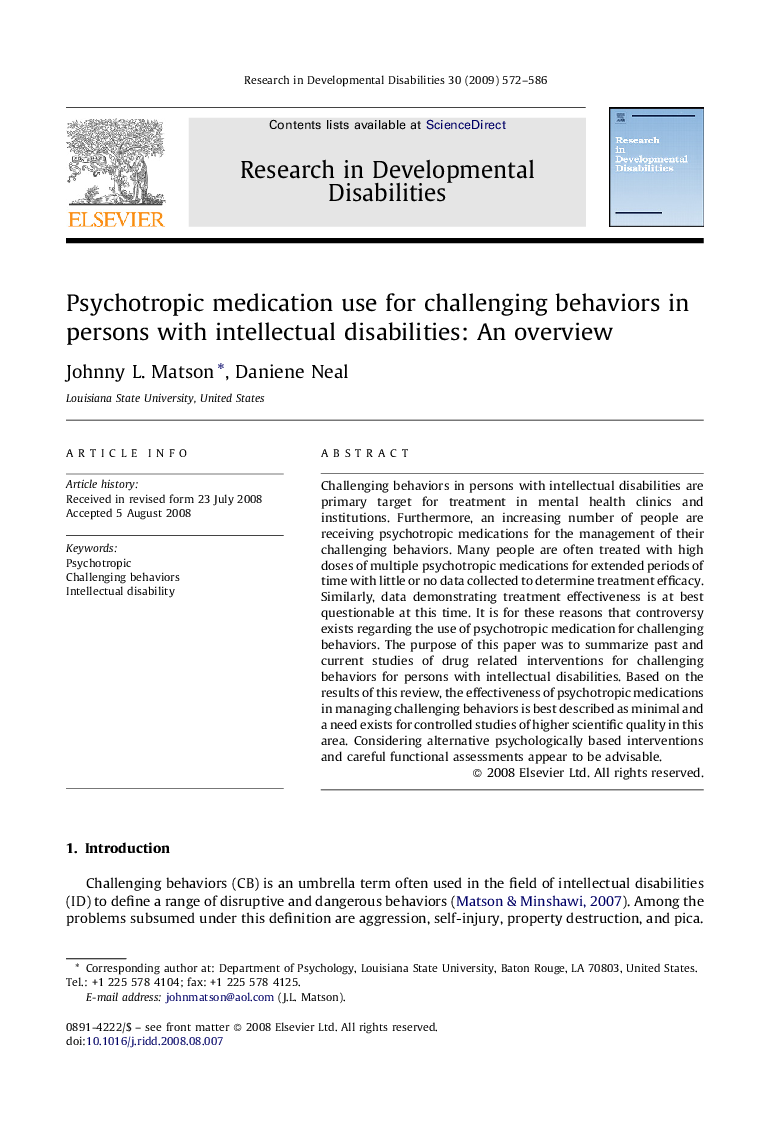 عکس صفحه اول مقاله: Psychotropic medication use for challenging behaviors in persons with intellectual disabilities: An overview Psychotropic medication use for challenging behaviors in persons with intellectual disabilities: An overview
