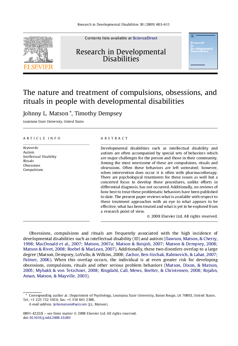 The nature and treatment of compulsions, obsessions, and rituals in people with developmental disabilities