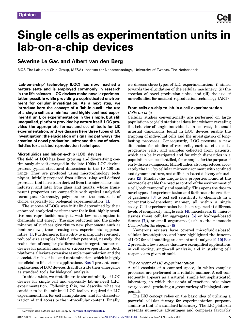 Single cells as experimentation units in lab-on-a-chip devices