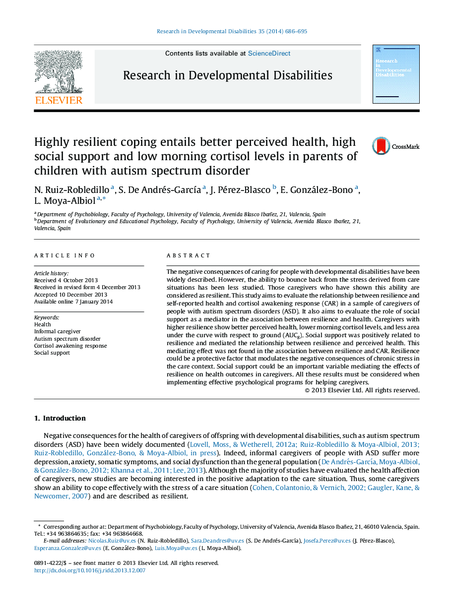 Highly resilient coping entails better perceived health, high social support and low morning cortisol levels in parents of children with autism spectrum disorder