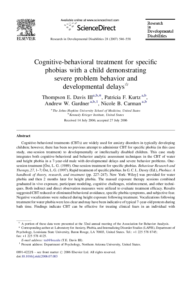 Cognitive-behavioral treatment for specific phobias with a child demonstrating severe problem behavior and developmental delays 