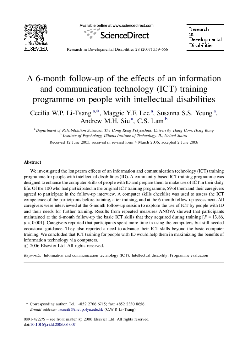 A 6-month follow-up of the effects of an information and communication technology (ICT) training programme on people with intellectual disabilities