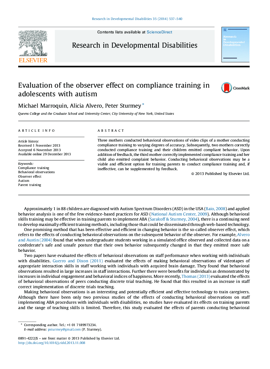 Evaluation of the observer effect on compliance training in adolescents with autism