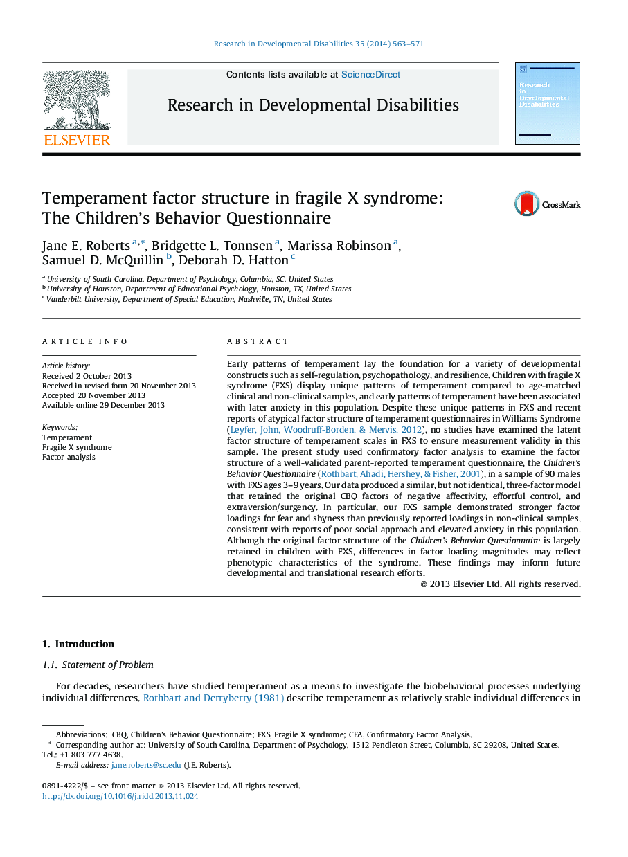 Temperament factor structure in fragile X syndrome: The Children's Behavior Questionnaire