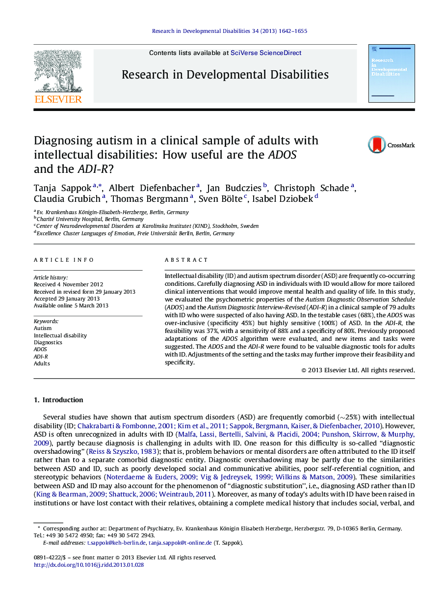 Diagnosing autism in a clinical sample of adults with intellectual disabilities: How useful are the ADOS and the ADI-R?