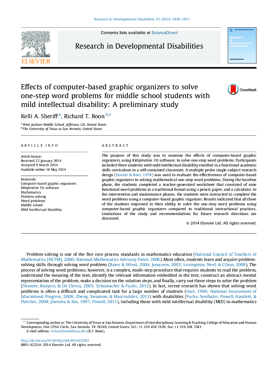 Effects of computer-based graphic organizers to solve one-step word problems for middle school students with mild intellectual disability: A preliminary study