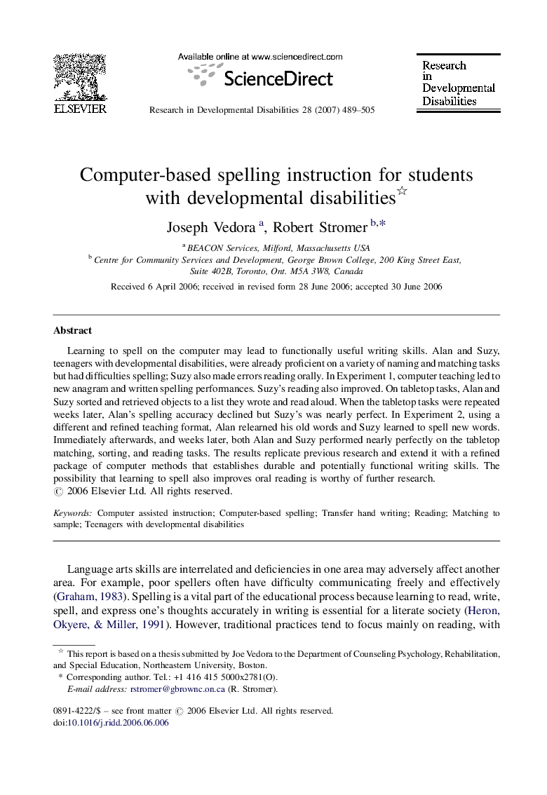 Computer-based spelling instruction for students with developmental disabilities 