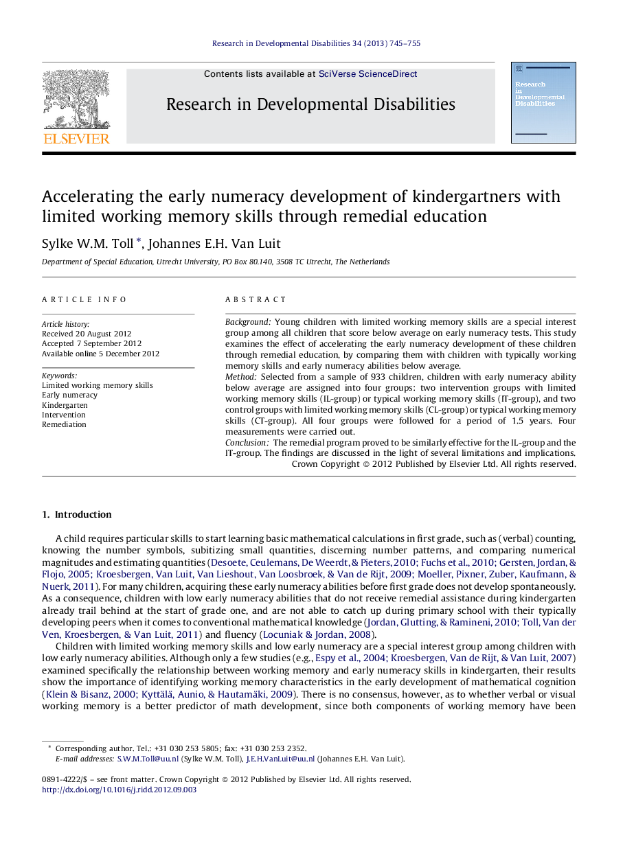 Accelerating the early numeracy development of kindergartners with limited working memory skills through remedial education