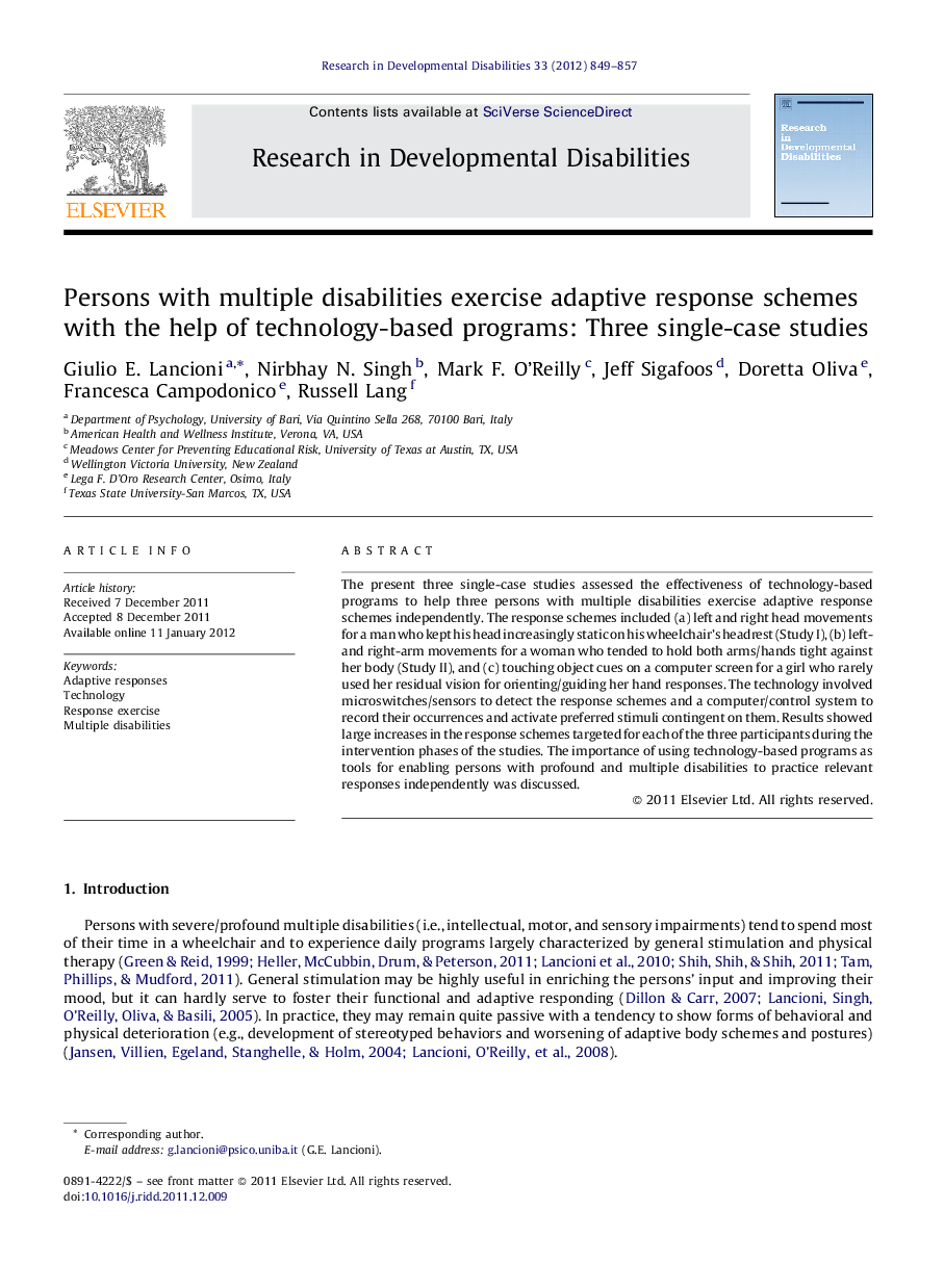 Persons with multiple disabilities exercise adaptive response schemes with the help of technology-based programs: Three single-case studies