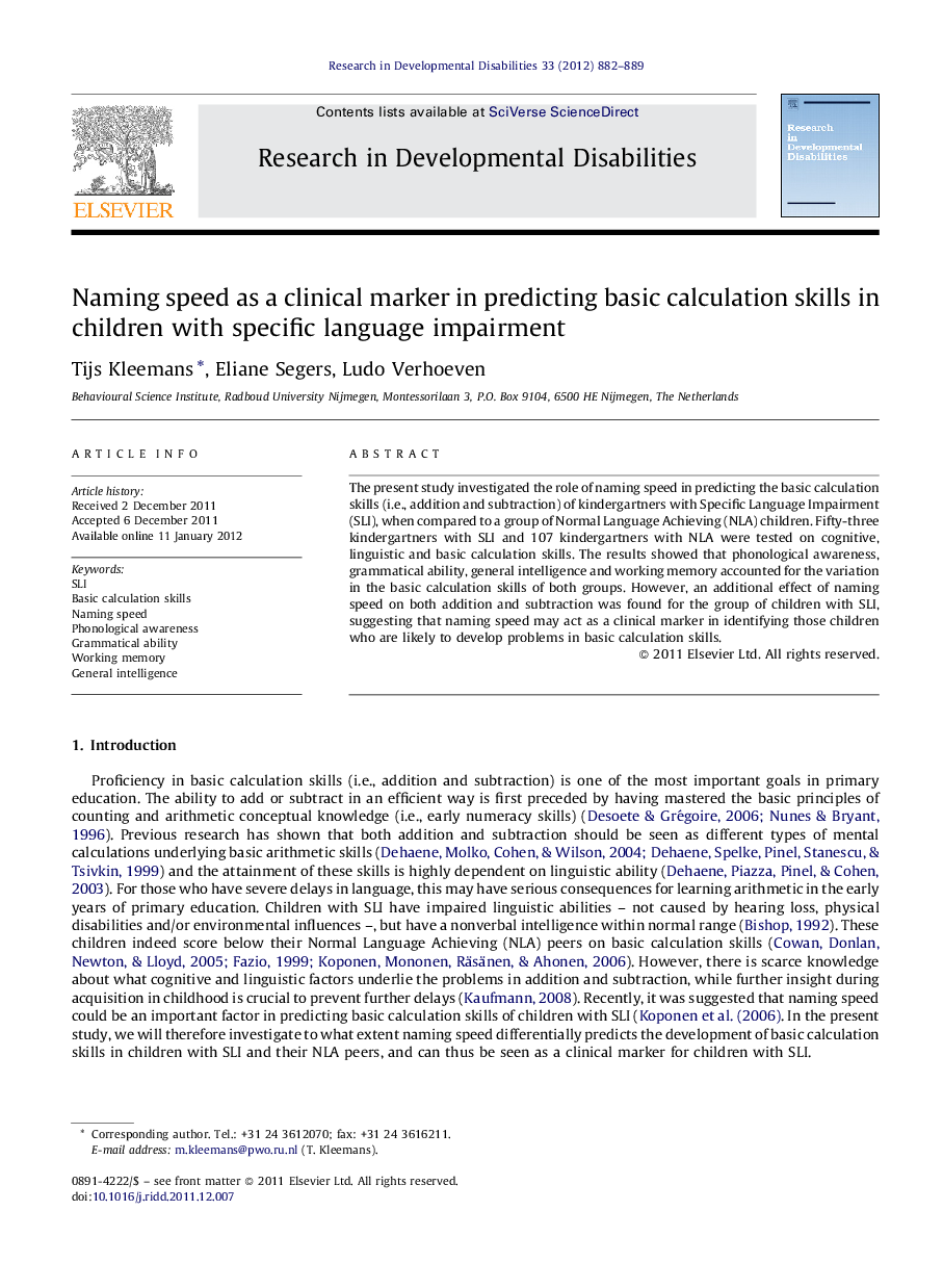 Naming speed as a clinical marker in predicting basic calculation skills in children with specific language impairment