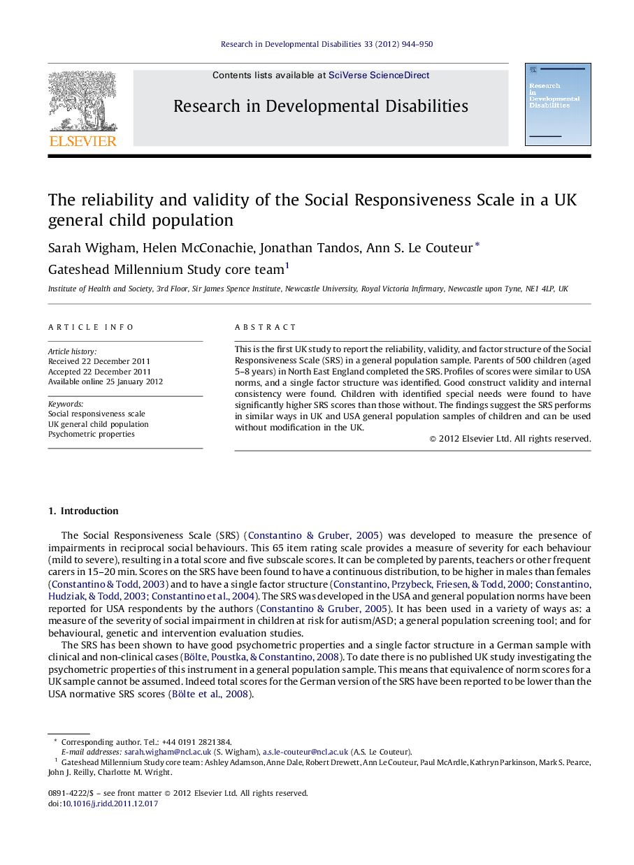 The reliability and validity of the Social Responsiveness Scale in a UK general child population