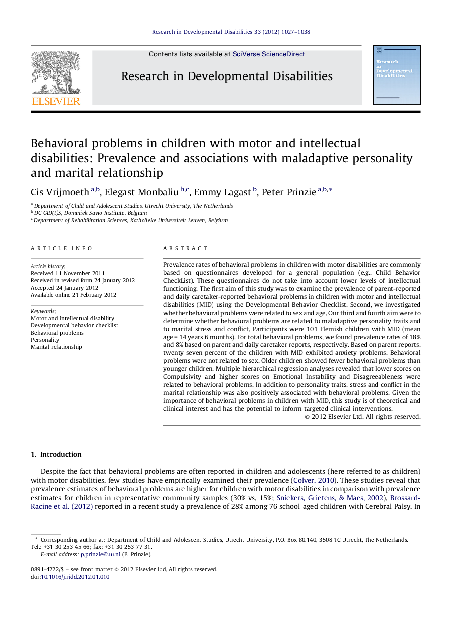 Behavioral problems in children with motor and intellectual disabilities: Prevalence and associations with maladaptive personality and marital relationship