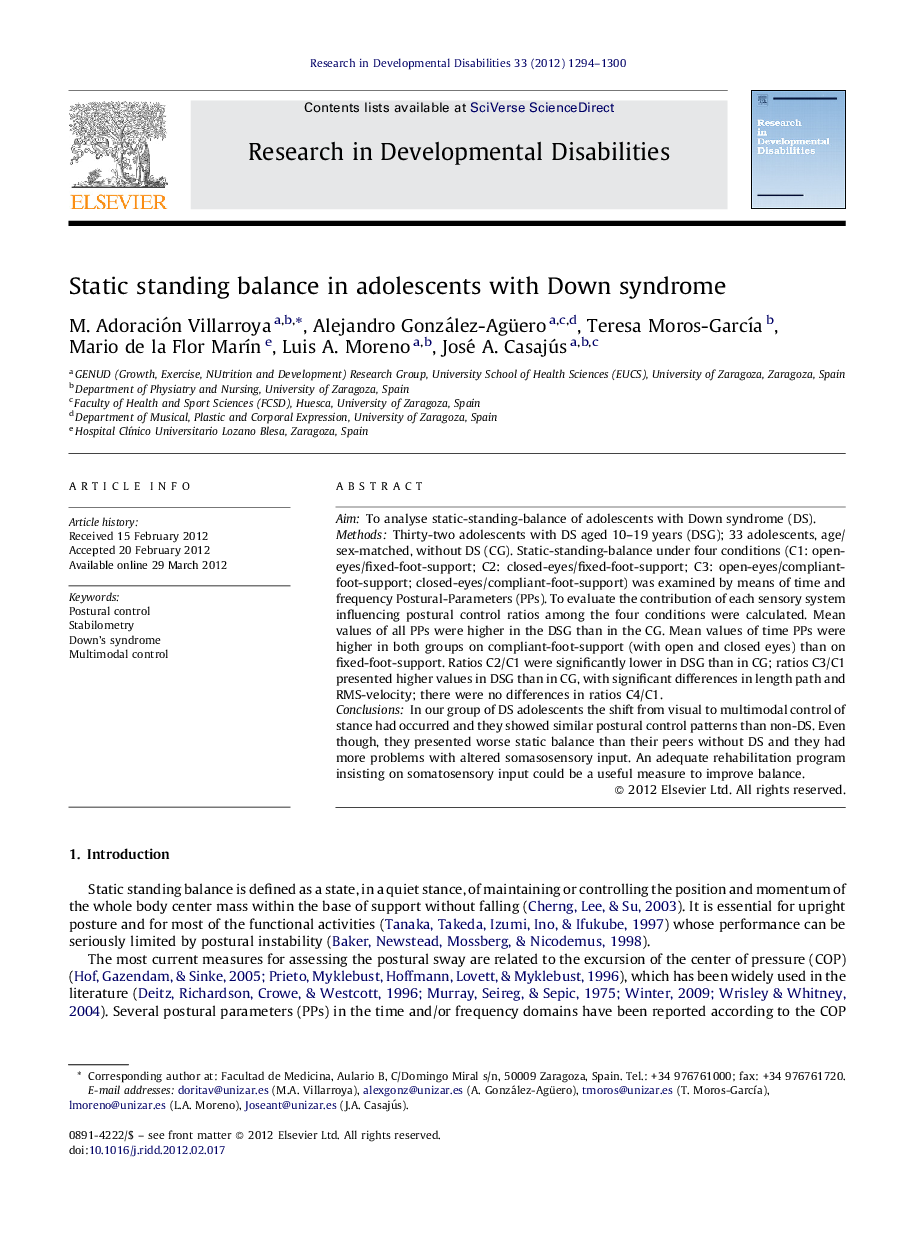 Static standing balance in adolescents with Down syndrome