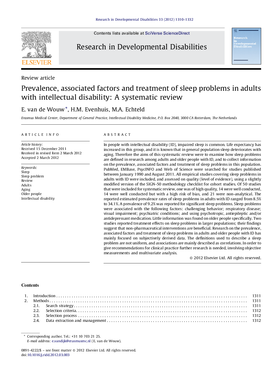 Prevalence, associated factors and treatment of sleep problems in adults with intellectual disability: A systematic review