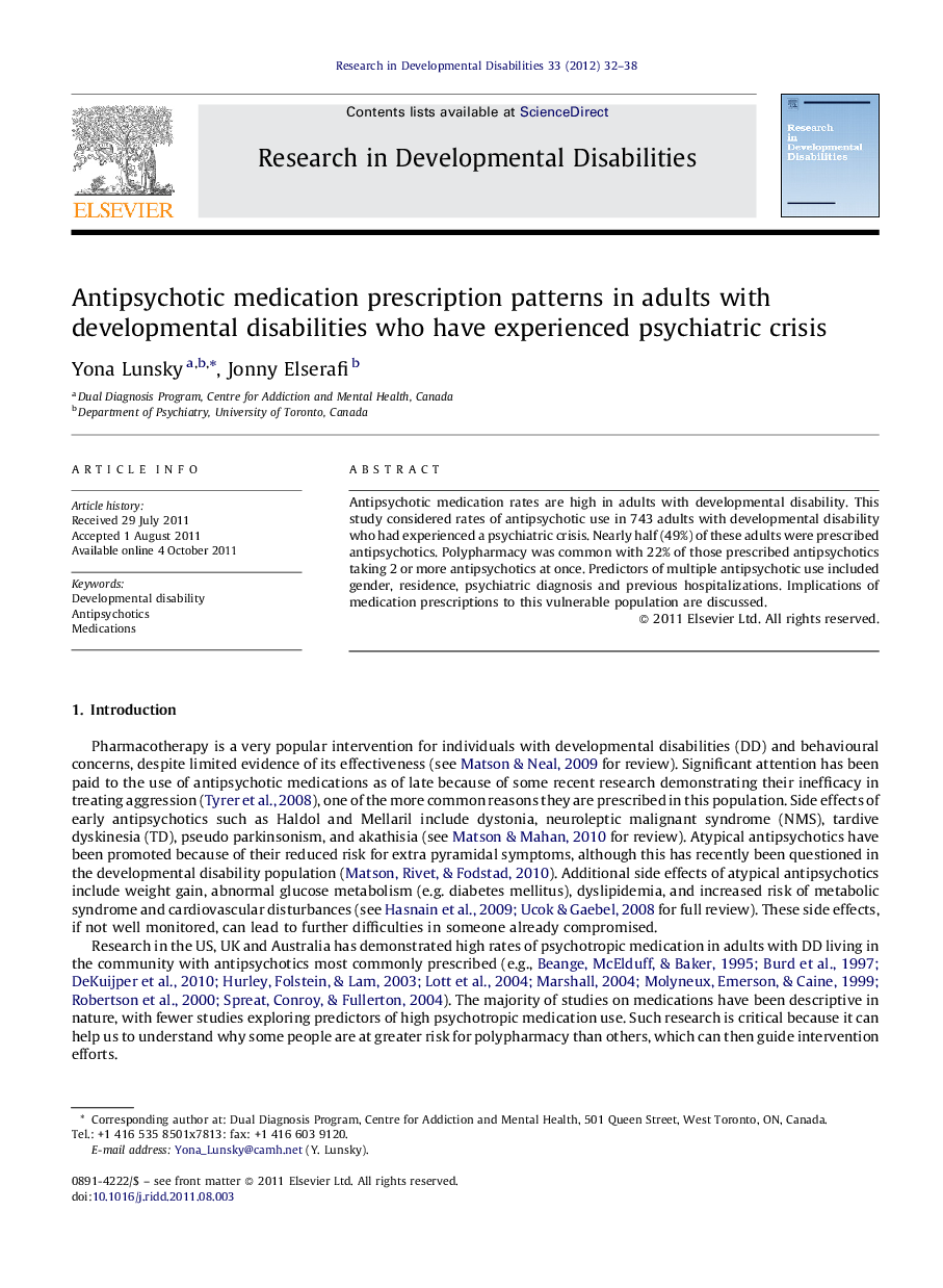 Antipsychotic medication prescription patterns in adults with developmental disabilities who have experienced psychiatric crisis