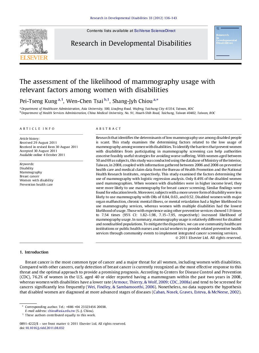 The assessment of the likelihood of mammography usage with relevant factors among women with disabilities