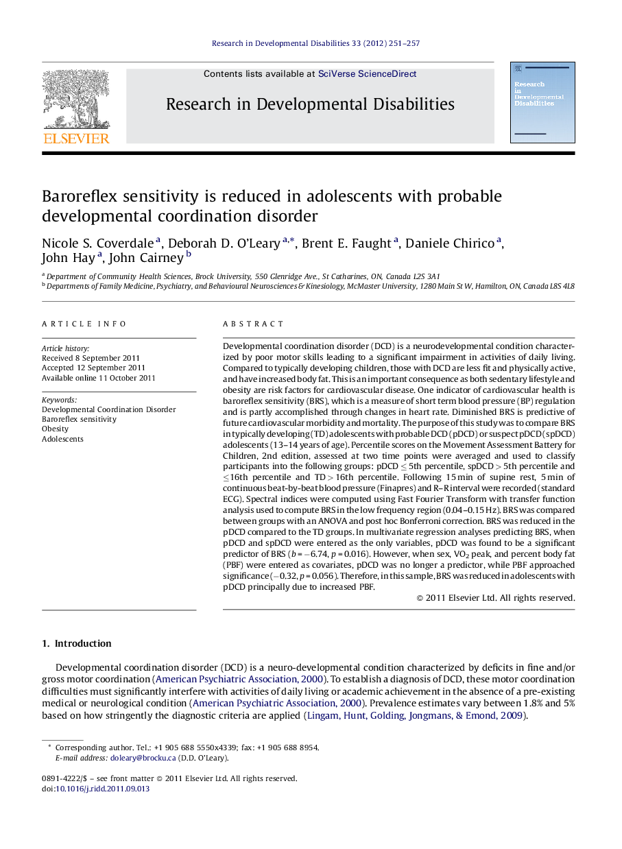 Baroreflex sensitivity is reduced in adolescents with probable developmental coordination disorder