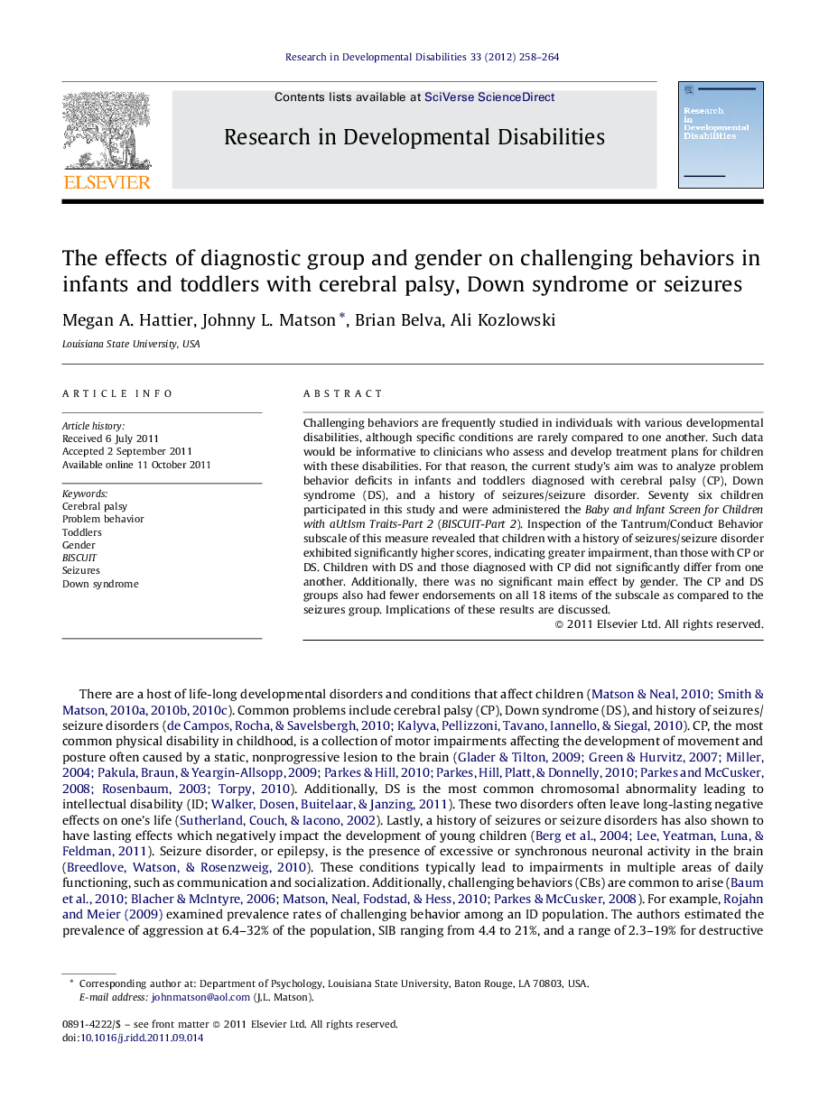 The effects of diagnostic group and gender on challenging behaviors in infants and toddlers with cerebral palsy, Down syndrome or seizures