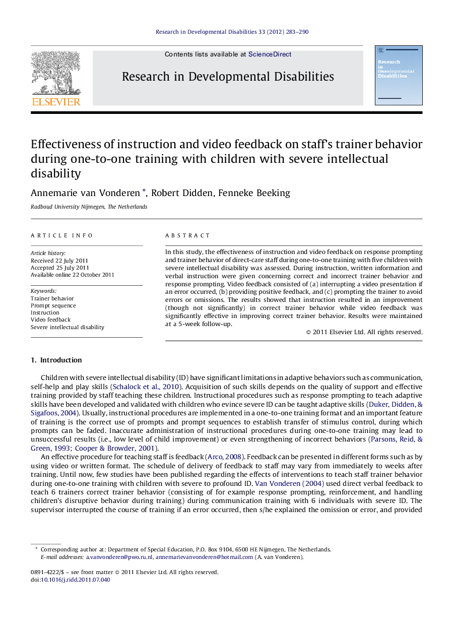 Effectiveness of instruction and video feedback on staff's trainer behavior during one-to-one training with children with severe intellectual disabilities