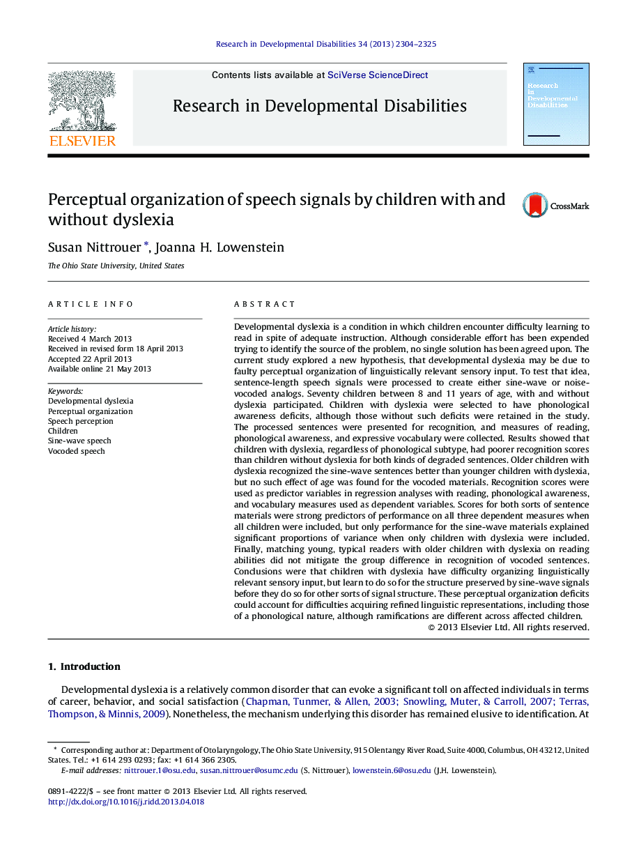 Perceptual organization of speech signals by children with and without dyslexia